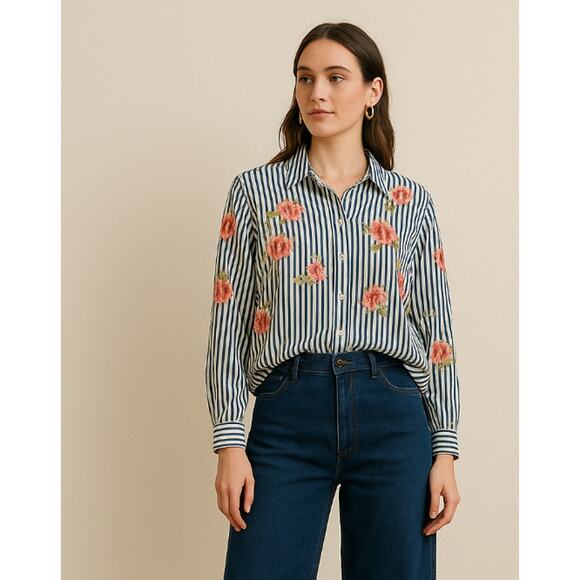 Grace Elements 0X Plus Floral Stripe Button Blouse Shirt Long Sleeve NWT - Picture 1 of 9